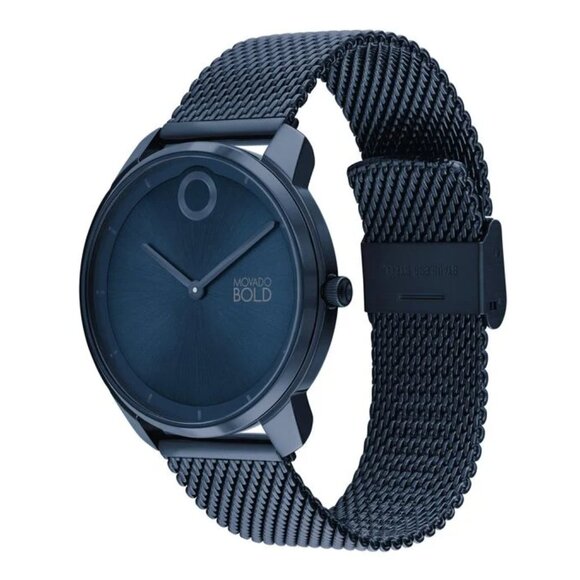 MOVADO BOLD 3601016 BLUE DIAL BLUE MESH STAINLESS STEEL BRACLET MENS WATCH - Picture 2 of 4